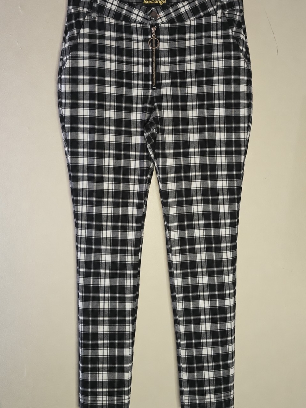 Like an Angel Women's Black & White Plaid Skinny Pants Size L Stretch Zip Front